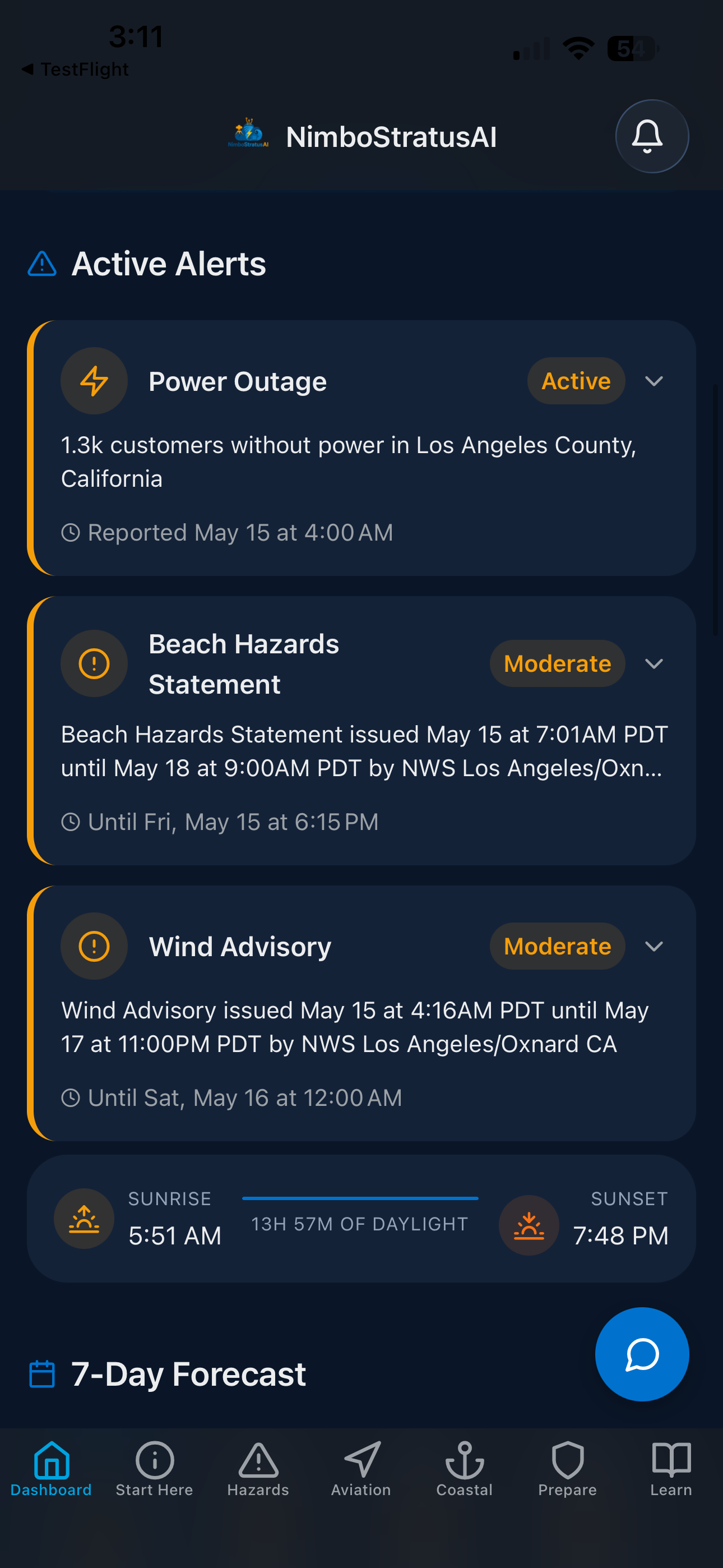 NimboStratusAI dashboard showing live active alerts — power outage, beach hazard, and wind advisory for your location
