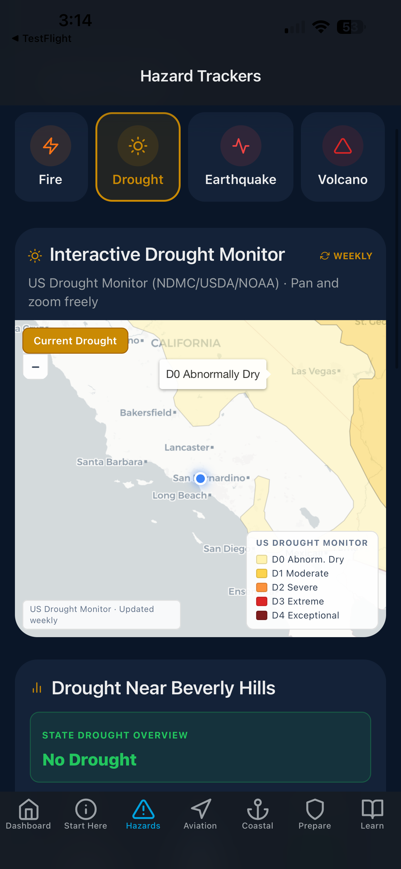 Interactive US Drought Monitor map with NDMC USDA NOAA D0 through D4 drought severity layers and local drought overview