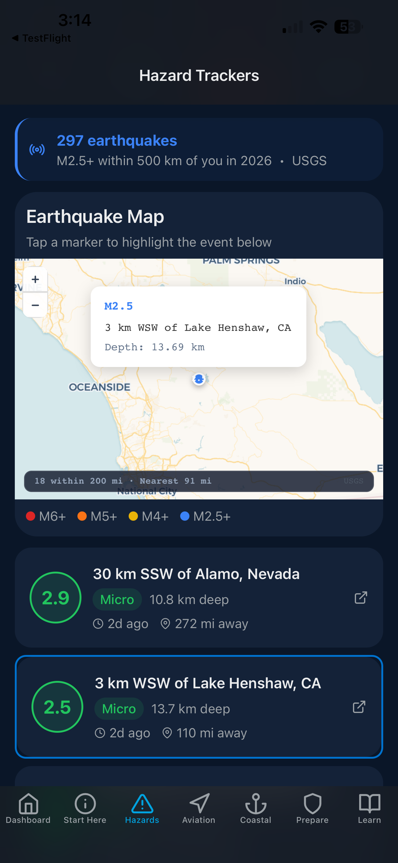 Interactive earthquake map showing 297 USGS earthquakes M2.5 and above within 500 km, with magnitude and depth details