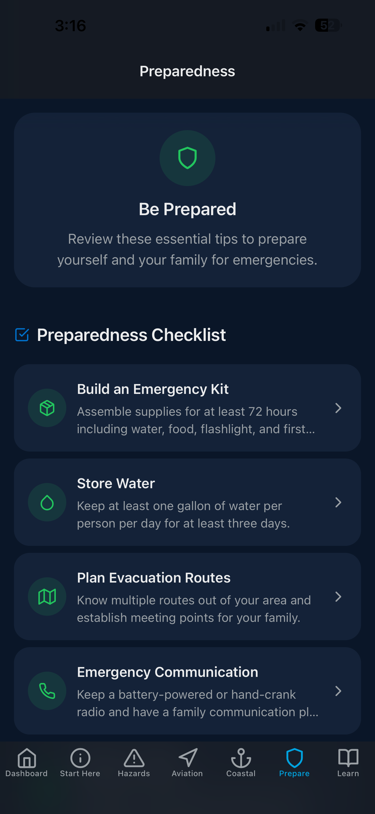 Emergency preparedness checklist covering emergency kits, water storage, evacuation routes, and communication plans