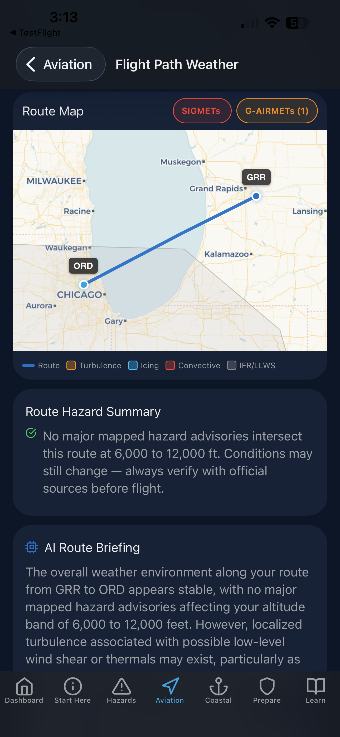 Flight path weather analysis showing route map from KGRR to KORD with SIGMETs, G-AIRMETs, and AI route briefing