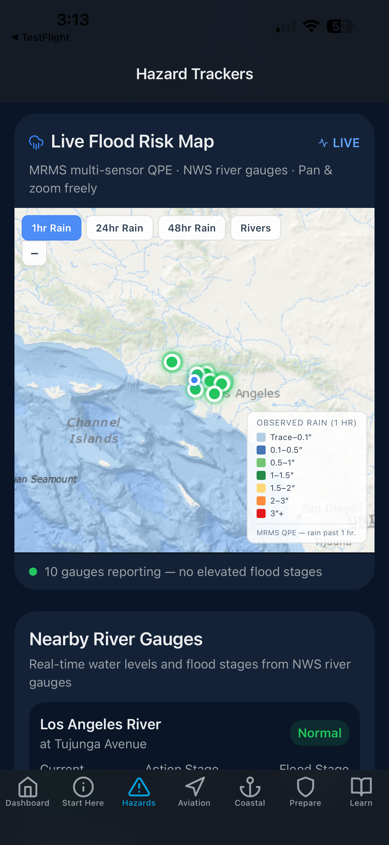 Live flood risk map with MRMS multi-sensor QPE rainfall data and NWS river gauge flood stages