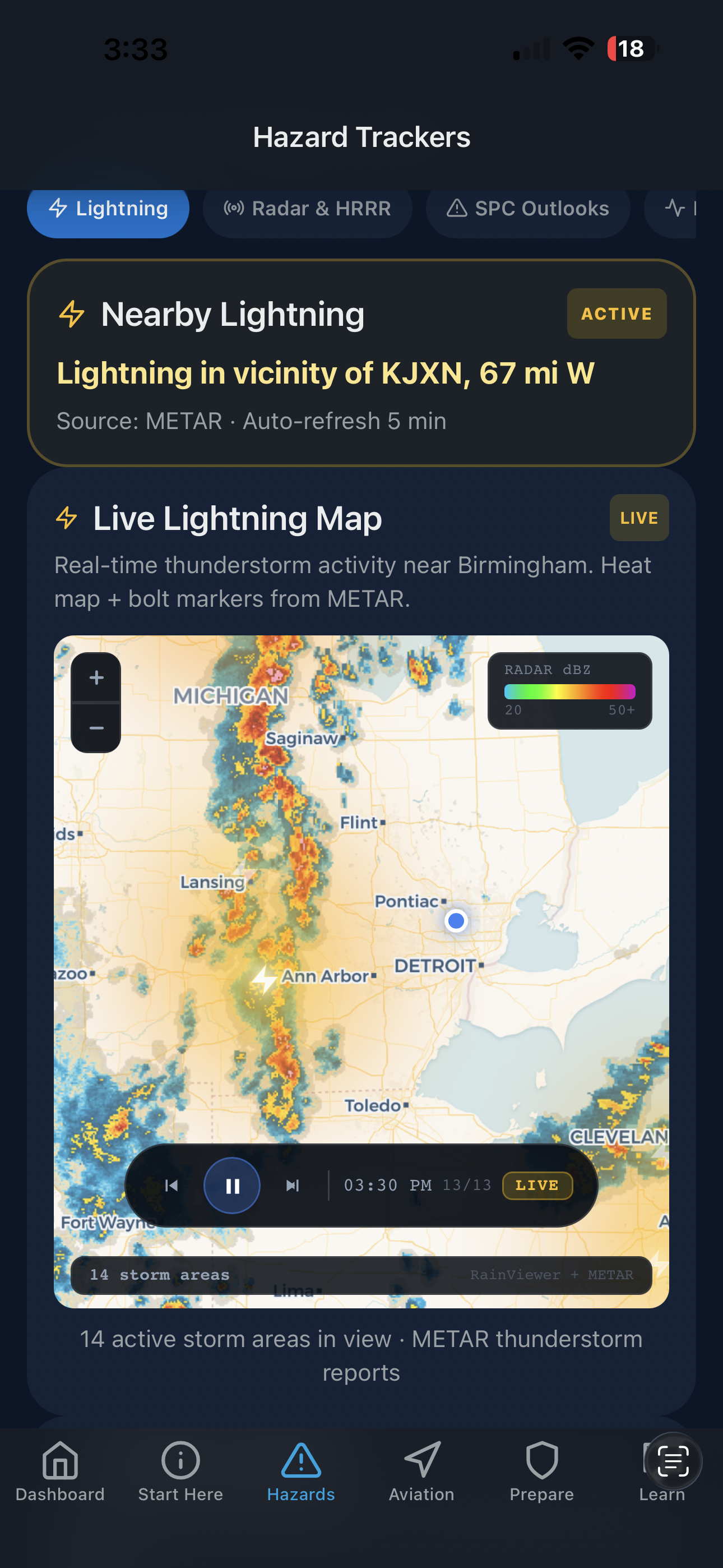 Live lightning and thunderstorm map with METAR-sourced bolt markers, animated radar heat glow, and nearby lightning proximity alert