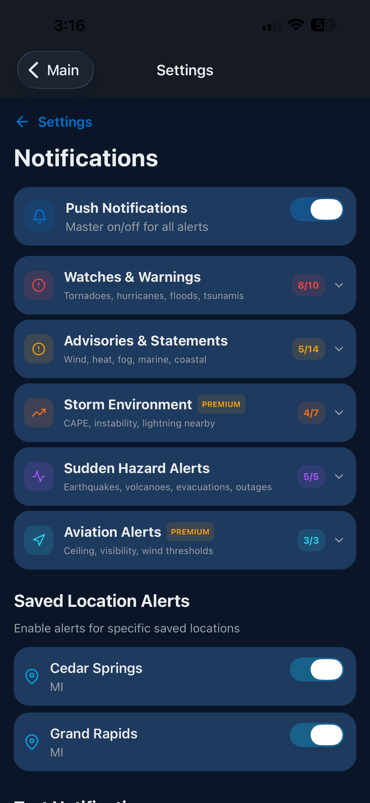 Granular push notification settings for watches, warnings, storm environment alerts, sudden hazard alerts, and saved location monitoring