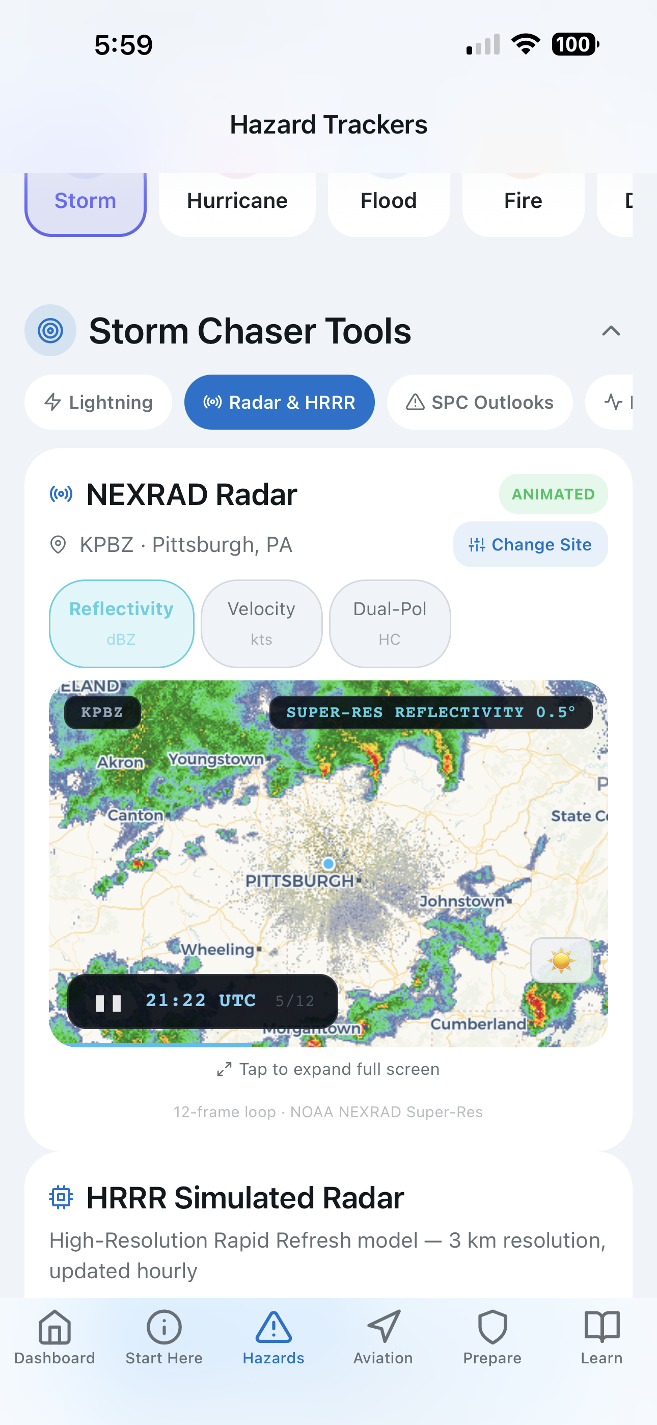 Animated NEXRAD radar showing Storm Chaser Tools with reflectivity loop