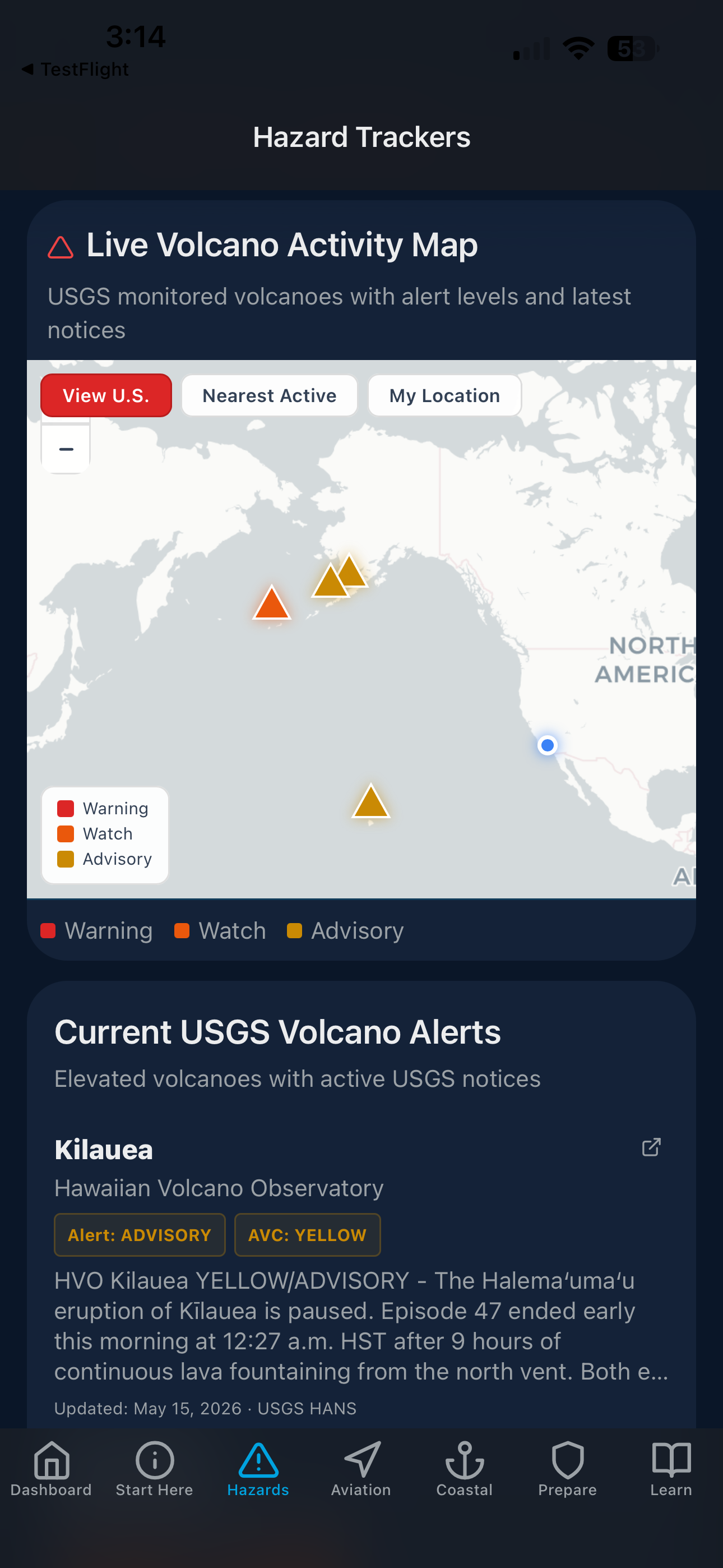 Live USGS volcano activity map with alert levels showing Kilauea advisory and current eruption notices