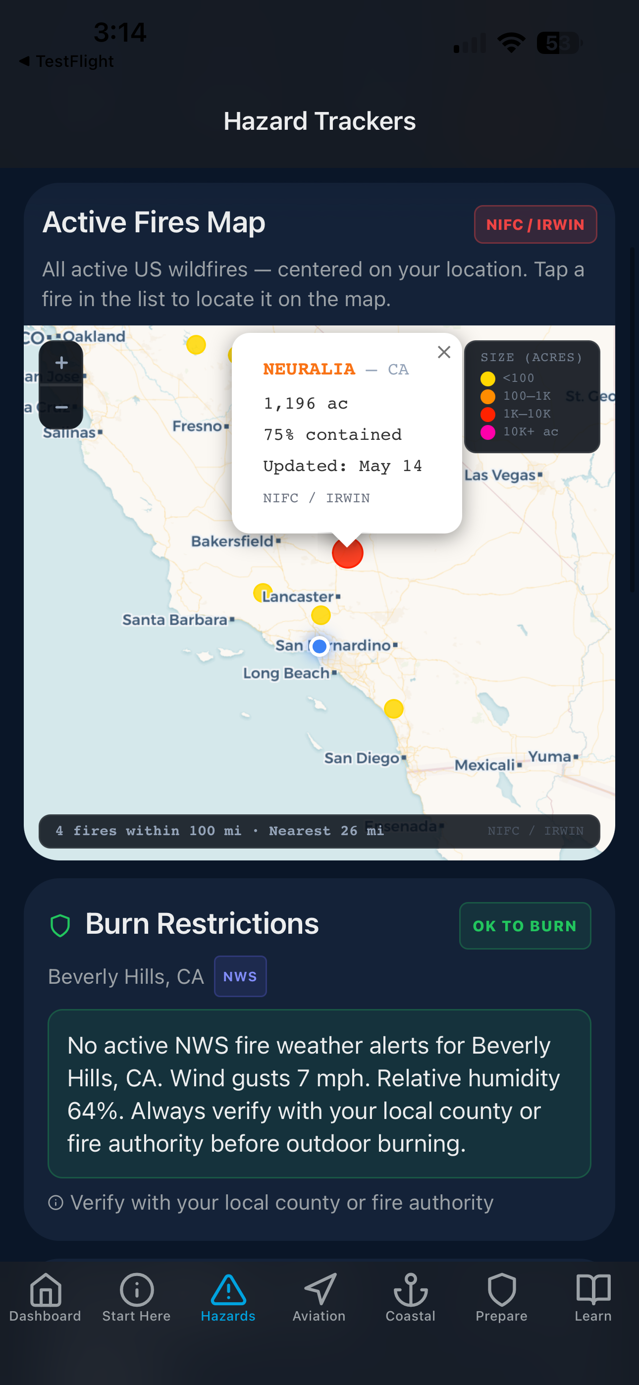 Active US wildfire map from NIFC IRWIN showing fire perimeters, containment percentage, and burn restrictions